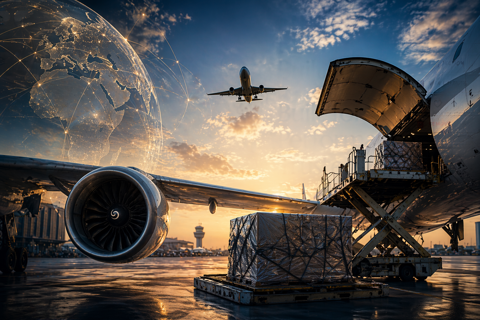 Cargo aircraft loading pallets at airport with global connectivity overlay.