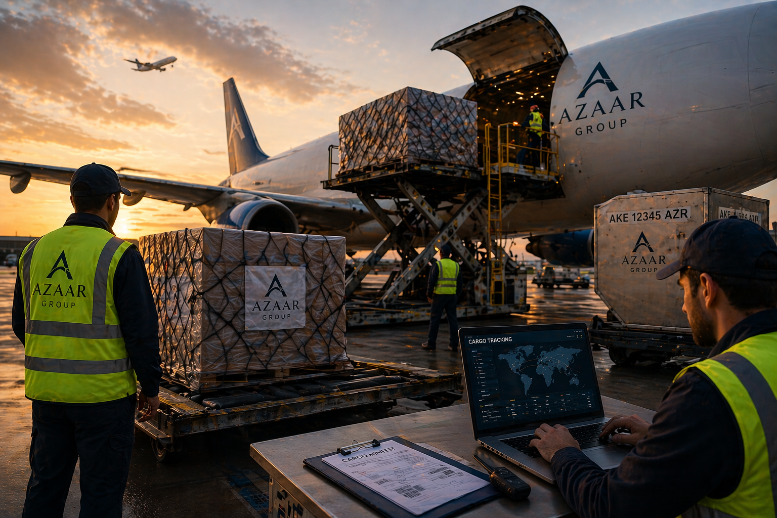Airport cargo loading at sunset with workers in yellow vests, a cargo plane, and a laptop displaying cargo tracking.