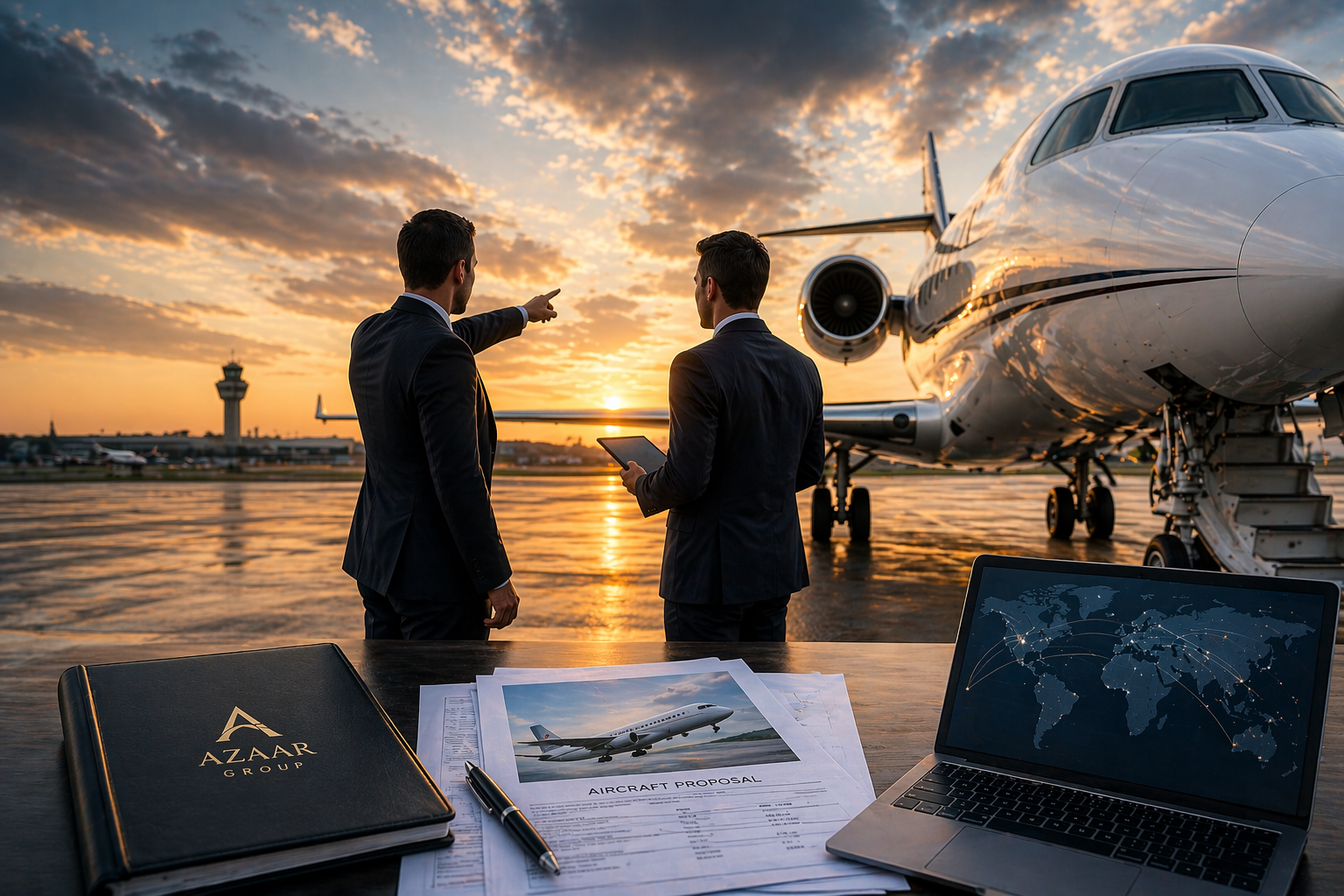 Two men in business suits discussing aircraft proposals at an airport during sunset, with a private jet and airport control tower in the background, and a laptop, documents, and a pen on the table. Aviation professionals discussing aircraft strategy 