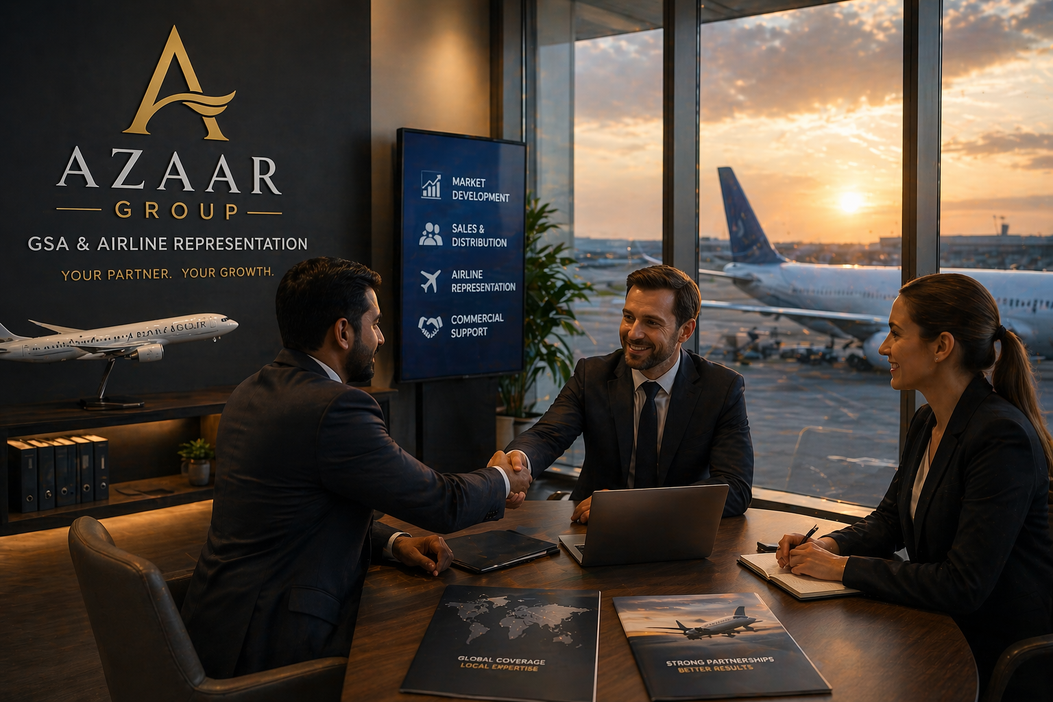 Business professionals in a meeting room at an airport, shaking hands. The room has large windows with airplanes on the runway at sunset, a logo on the wall reading Azaar Group, and a screen displaying services related to airline representation and commercial support.