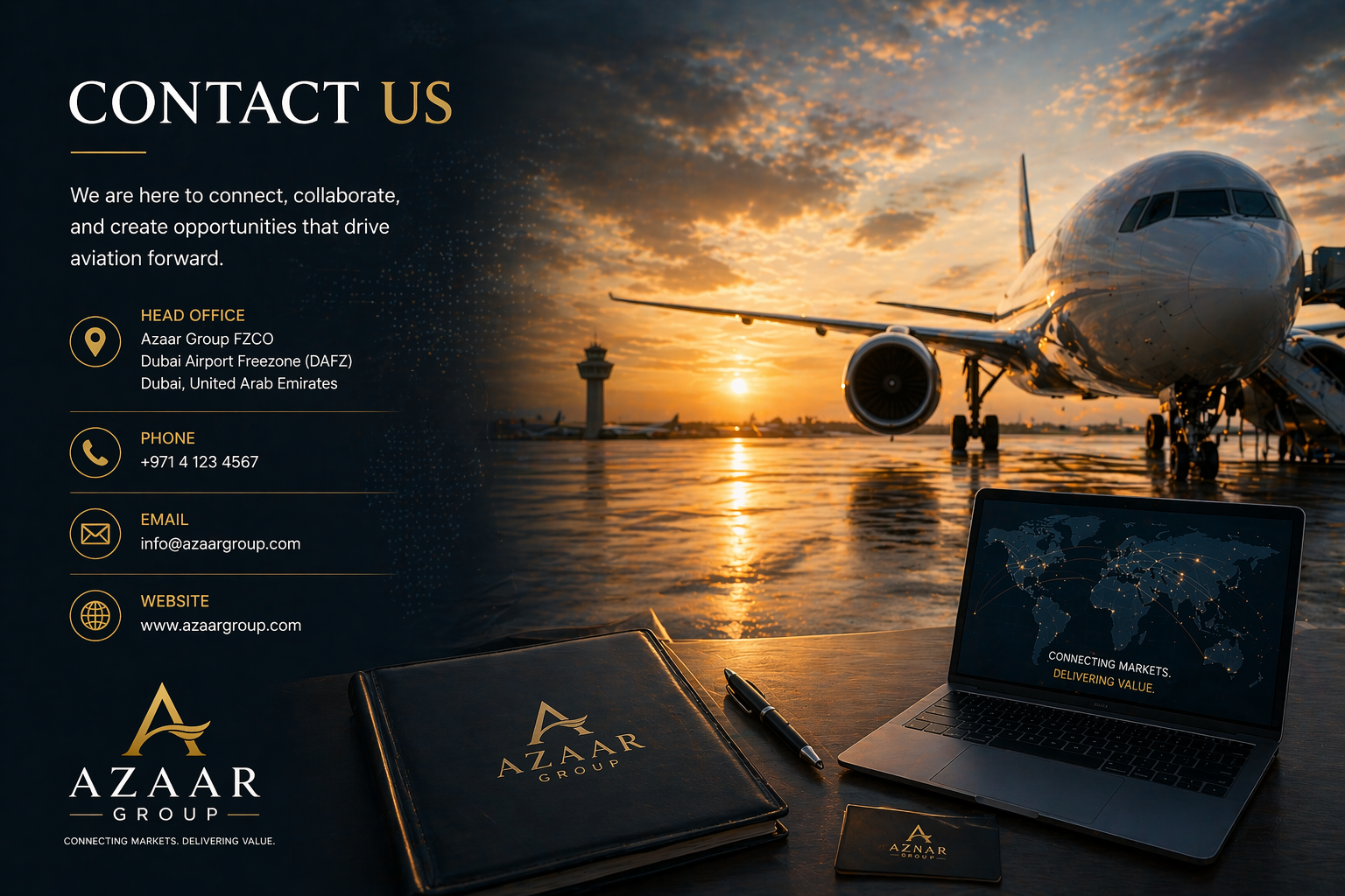 Azaar Group contact section with aircraft at international airport.
