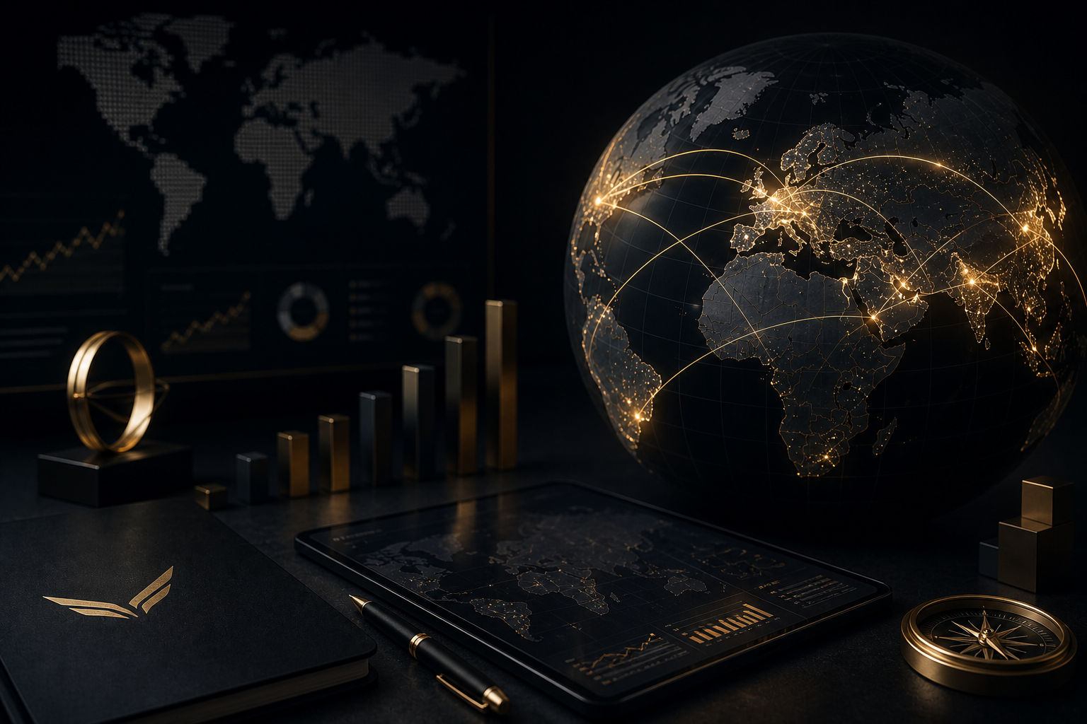 A dark workspace featuring a glowing 3D globe with illuminated continents and connecting lines, along with charts, graphs, and business accessories.