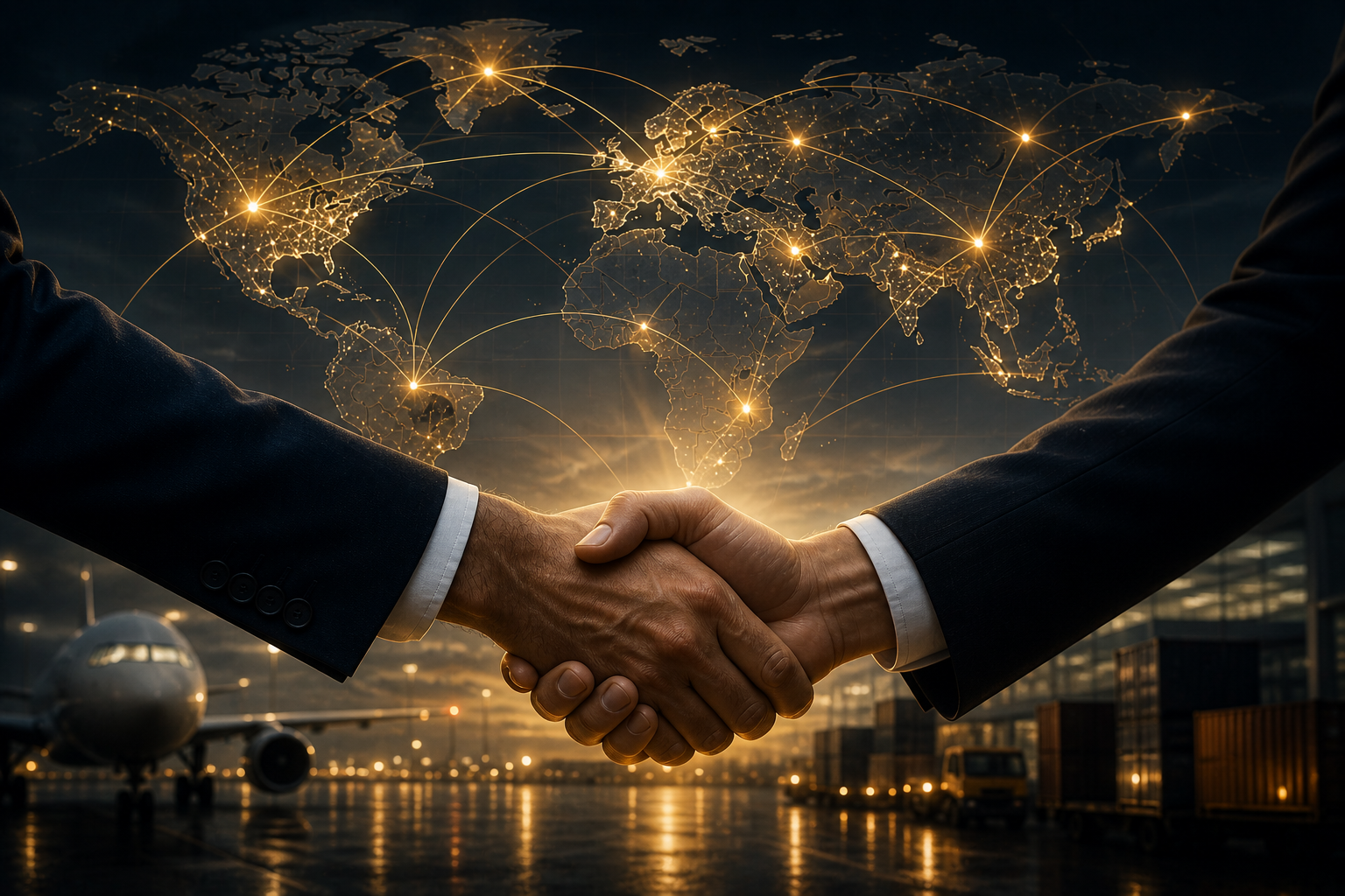 Two business professionals shaking hands at an airport, with a world map showing contact points in the background. Business handshake representing global aviation partnerships.