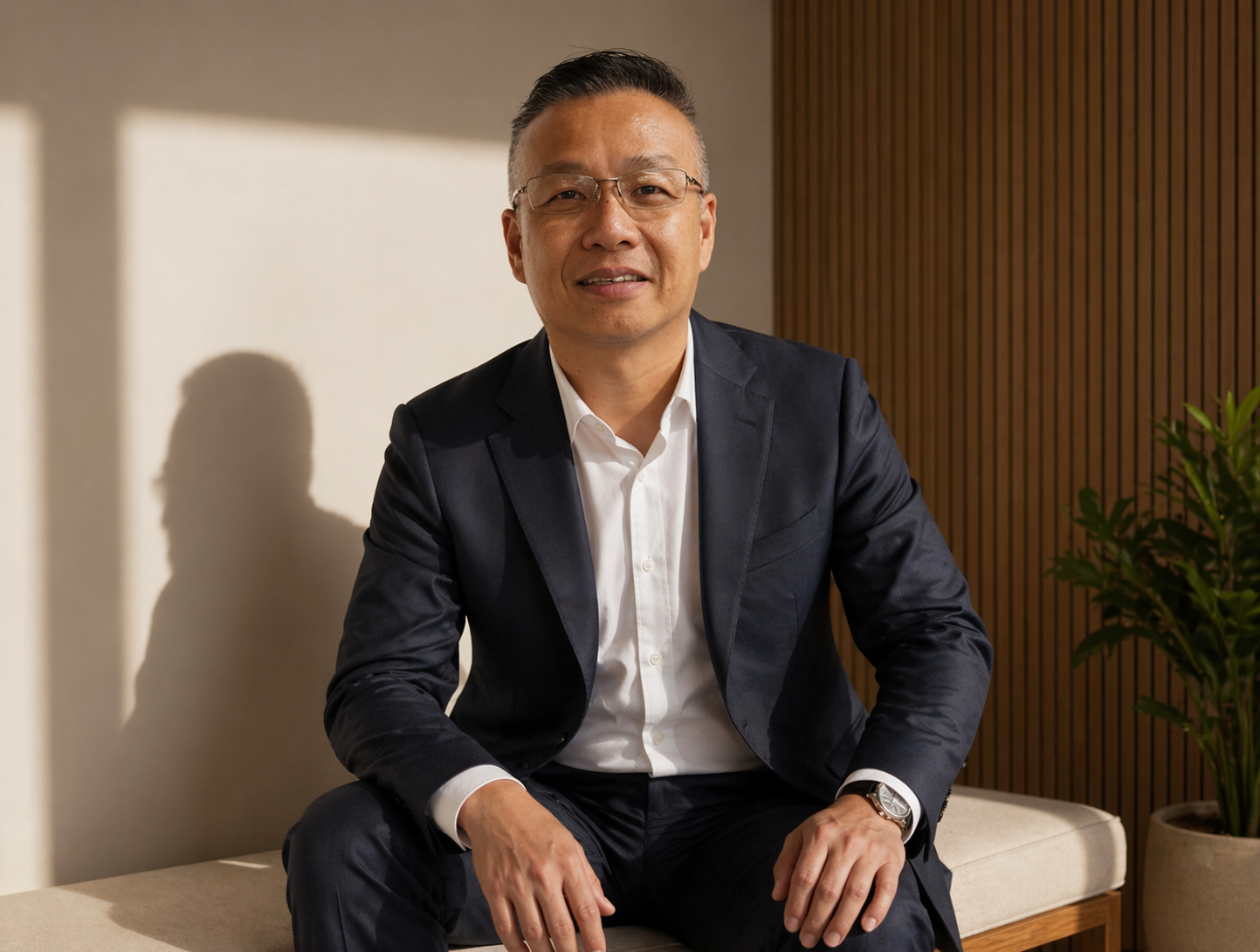 Azaar Group team member portrait, corporate profile. A man in a dark suit and white shirt sitting on a bench with a plant in the background.