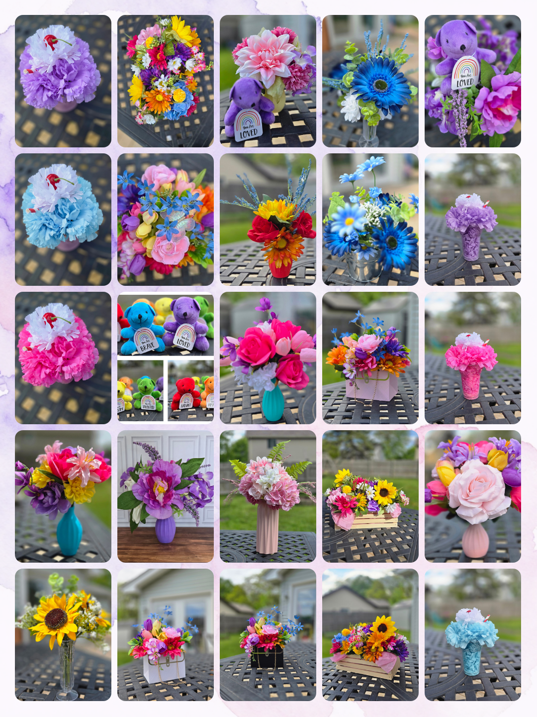 A product grid for the KMT Kindness Project showcasing colorful plush bears with positive messages and a variety of vibrant floral arrangements. The page text reads: The KMT Kindness Project Spreading Joy one stem at a time.