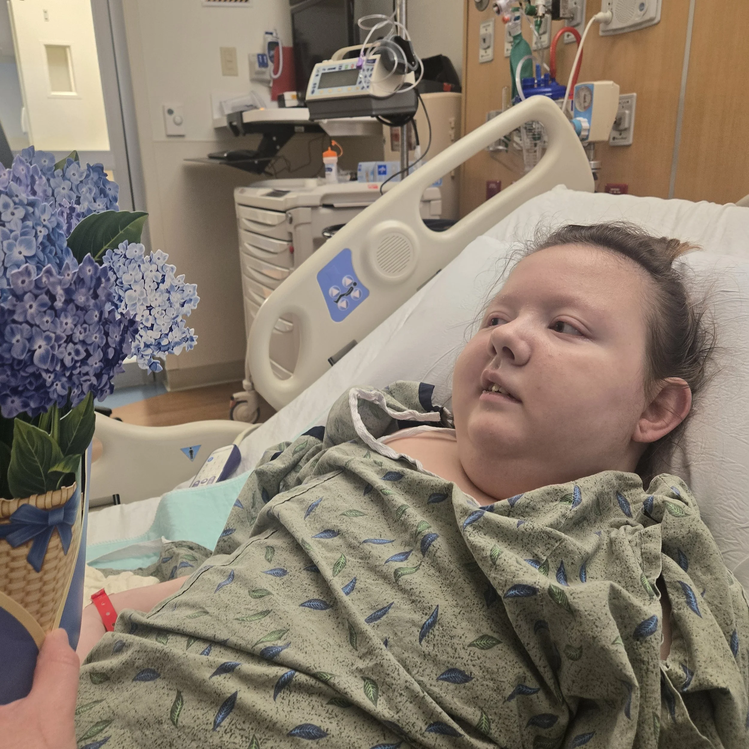 A young woman lying in a hospital bed with medical equipment and monitors in the background. There is a bunch of purple flowers in a basket on a table next to the bed. A person’s hand with a red hospital bracelet is visible in the foreground.