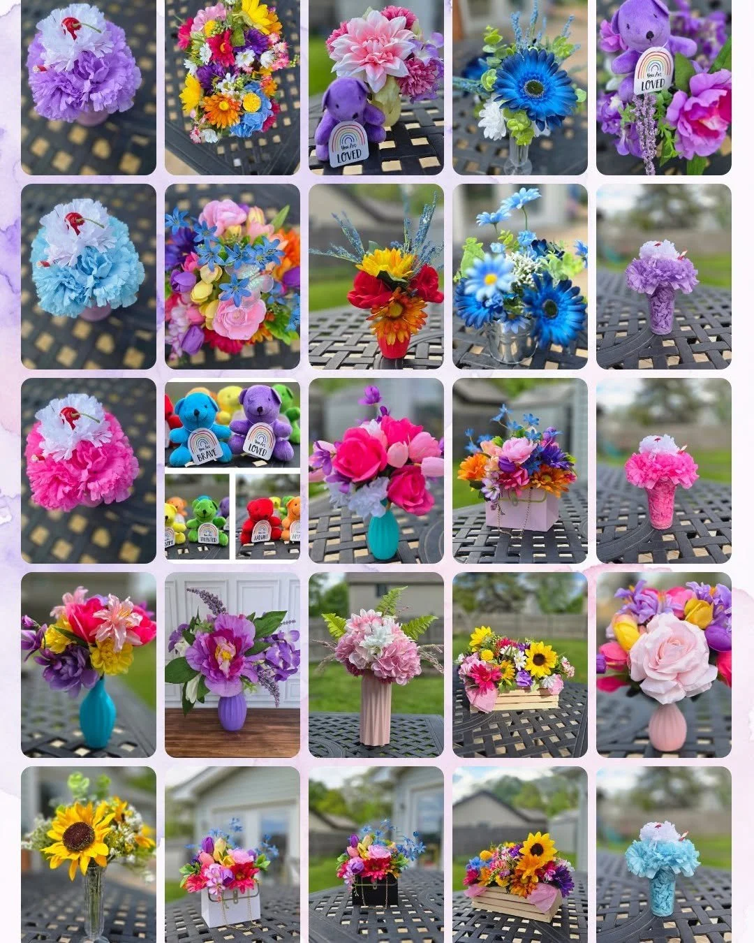 Collection of colorful floral arrangements in various vases and containers, alternating with plush teddy bears with 'Loved' and 'Brave' tags, on outdoor tables.