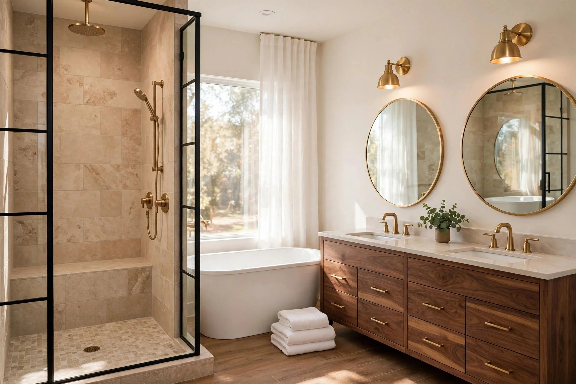 Remodeled kitchen with an island and a marble bathroom with a freestanding tub and glass shower