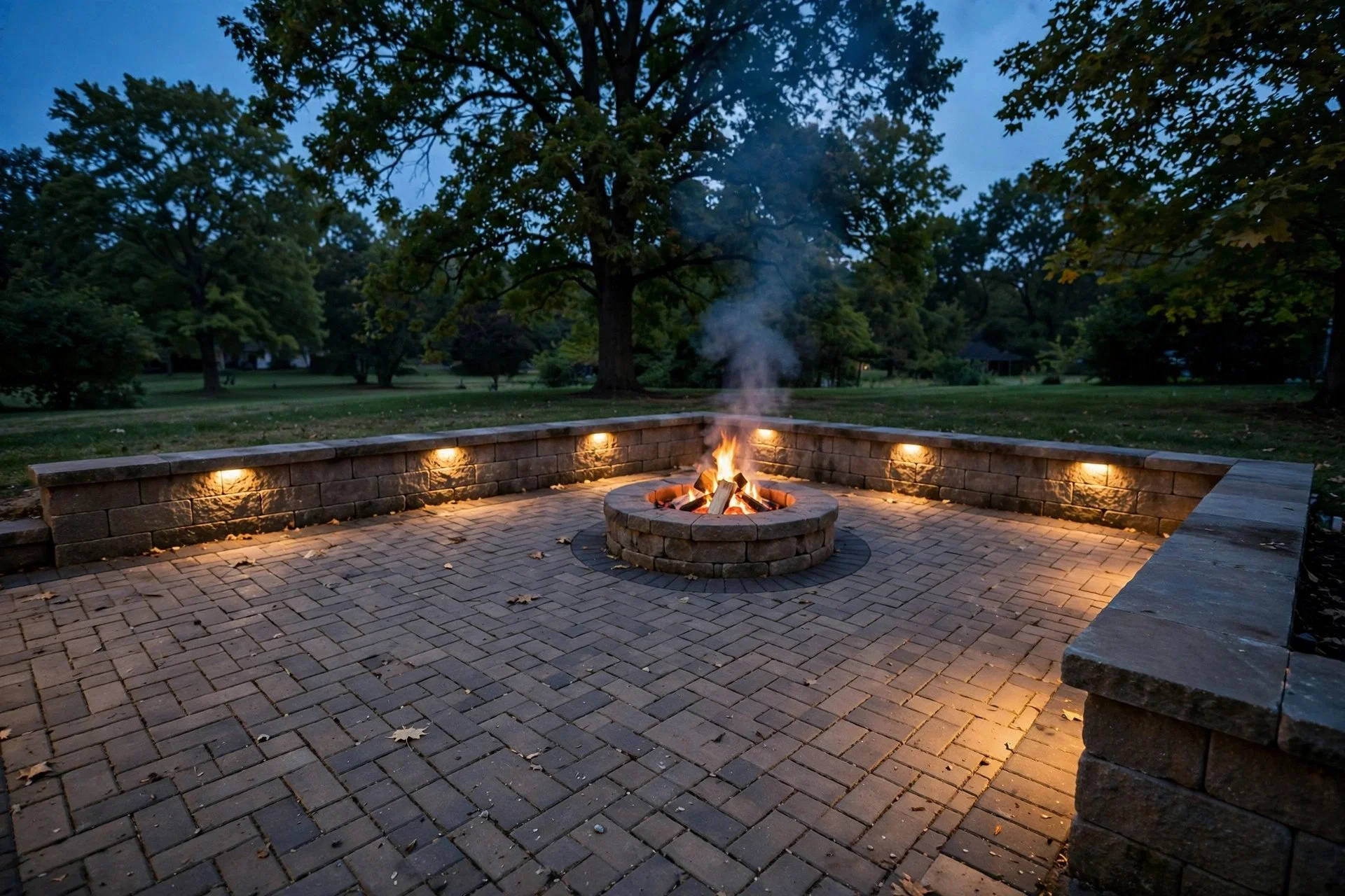 Backyard patio with a fire pit and seating at dusk