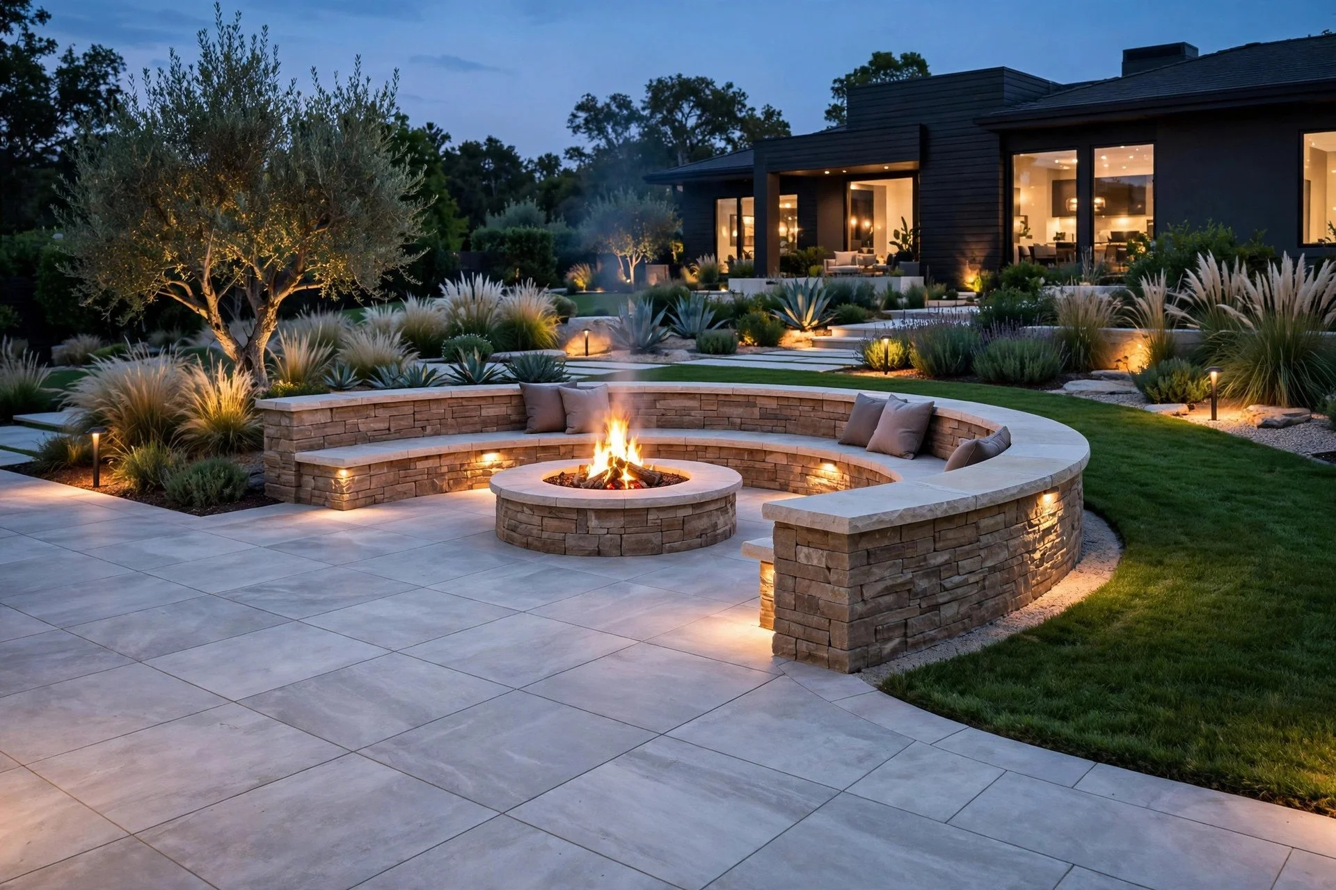 Design idea: luxury backyard with patio and lighting