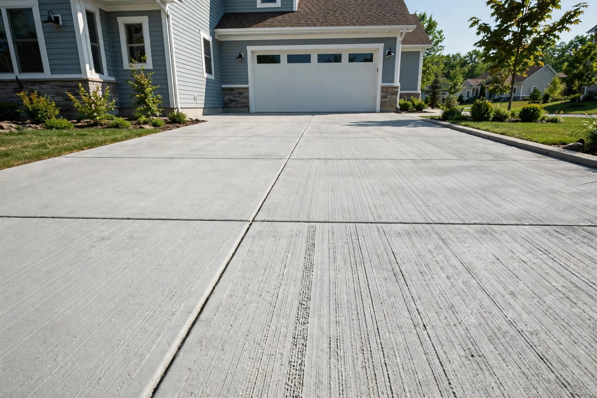 Design idea: clean broom-finished concrete driveway