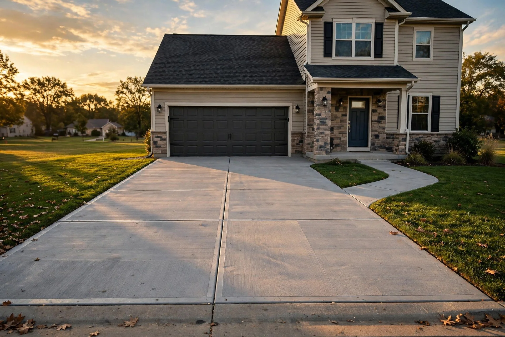 Home with a wide concrete driveway and landscaped front yard at dusk