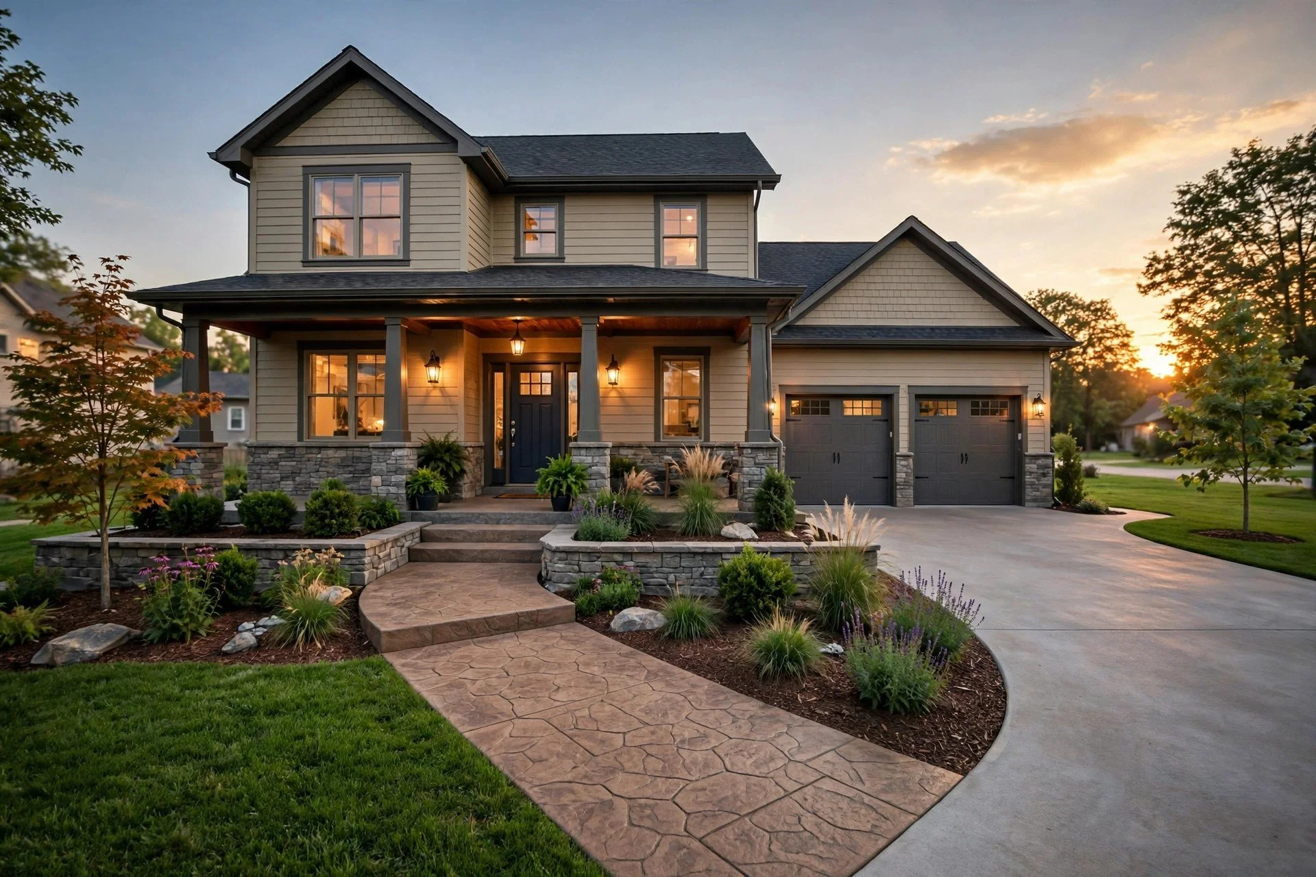 Kansas City home with a new concrete driveway and stamped walkway at golden hour
