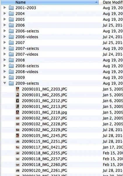 After: Sorted all digital photos by date. Renamed each file starting with the date taken (see right). Removed all duplicates and edited photos from each year to select the best photos and make viewing easier. Provided photos back to client on a new e