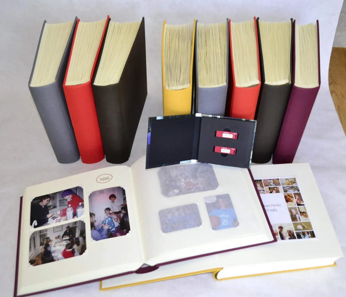 After: Sorted all prints by year and month. Scanned and printed all 35mm slides and negatives. Removed all duplicates and unwanted photos. Selected the best photos from each year and created 3 digital photo books and 10 traditional photo corner album