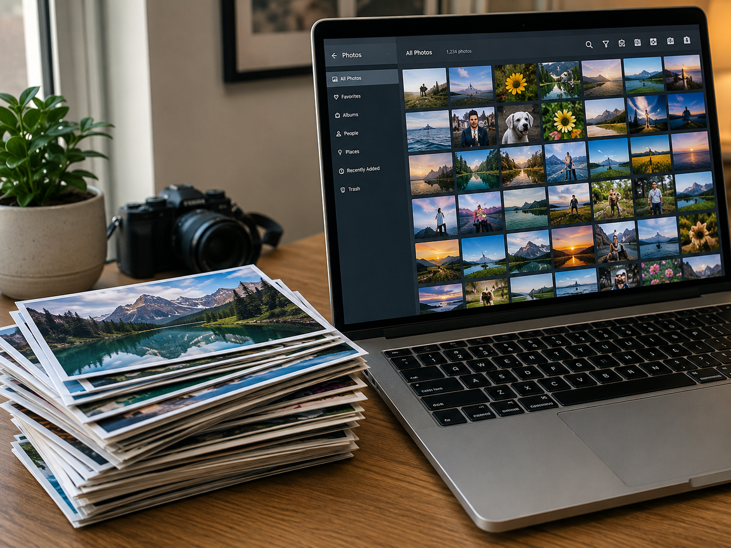 Scanning and digitizing print and analog photos. Photo of a stack of old print photos next to a laptop showing the digitized photos on the screen. | Cheryl DiFrank | My Memory File
