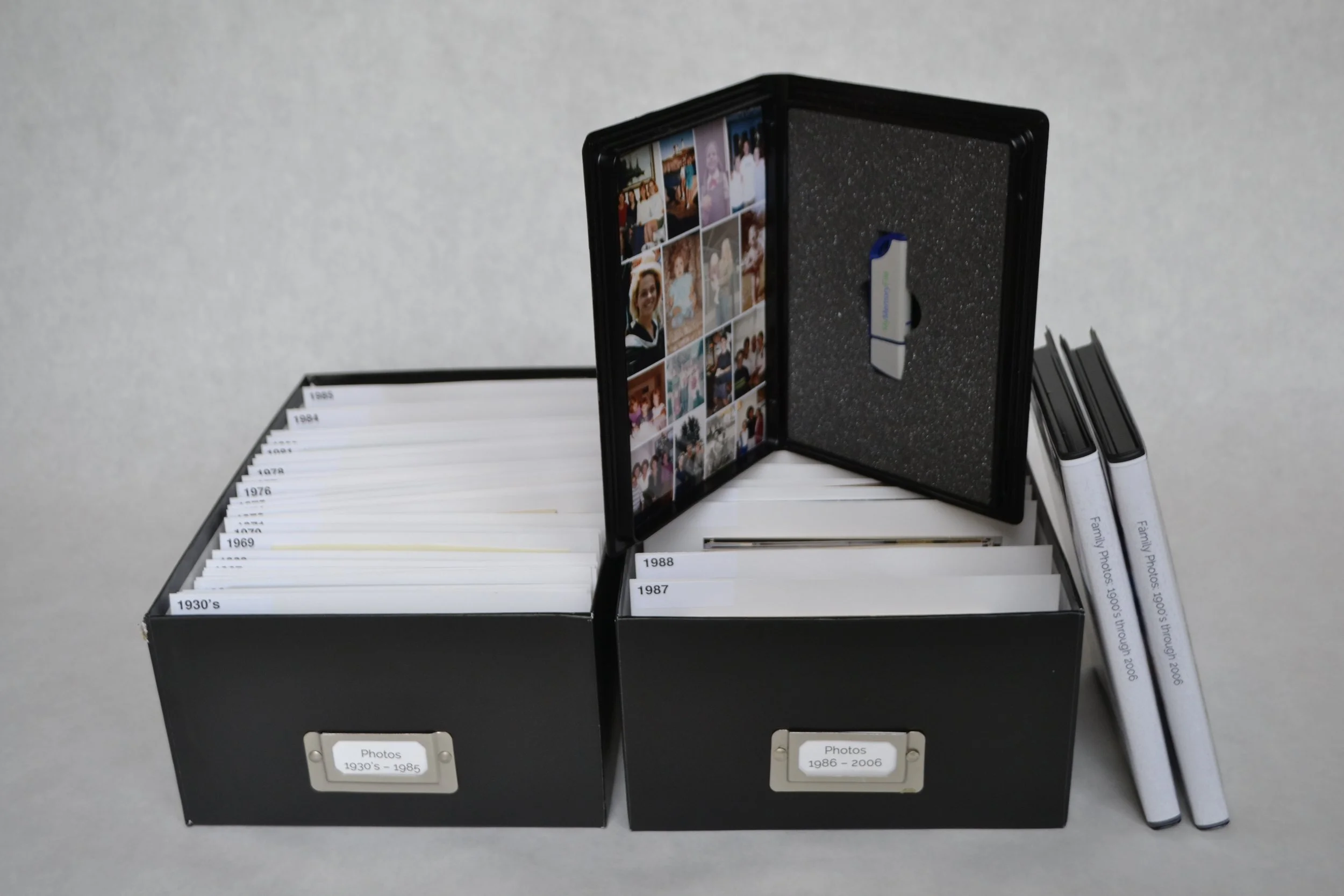 After: Removed photos from photo albums and sorted the entire collection chronologically, removing any exact duplicates (double prints). High resolution scanned the entire collection, renamed each scan with the year/date the original photo was taken 