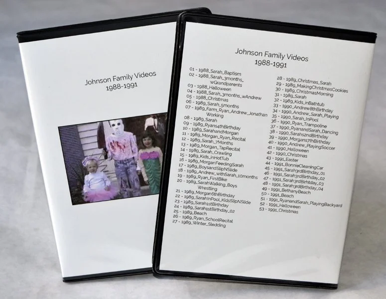 After: Converted all tapes to digital video files.  Separated, dated and labeled individual events for easier viewing. Provided all videos on both DVD and flash drives for viewing through a DVD player or USB port (on computer).