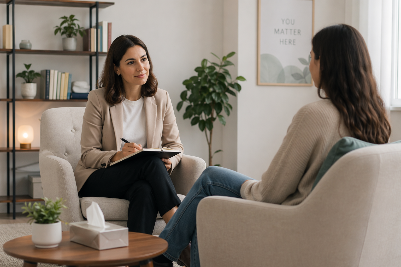 Therapist and patient having a counseling session in a cozy, well-lit room.