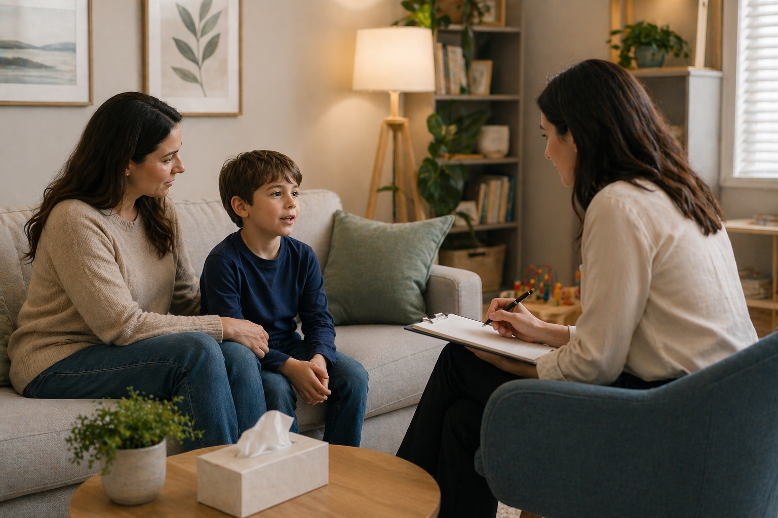 Child in therapy session with mother and therapist in living room.