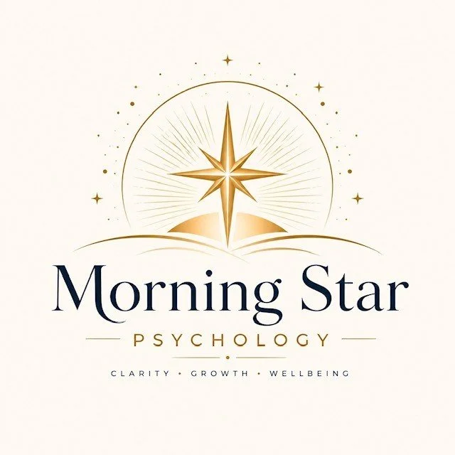 Logo for Morning Star Psychology featuring a gold star and open book with tagline 'Clarity, Growth, Wellbeing'.