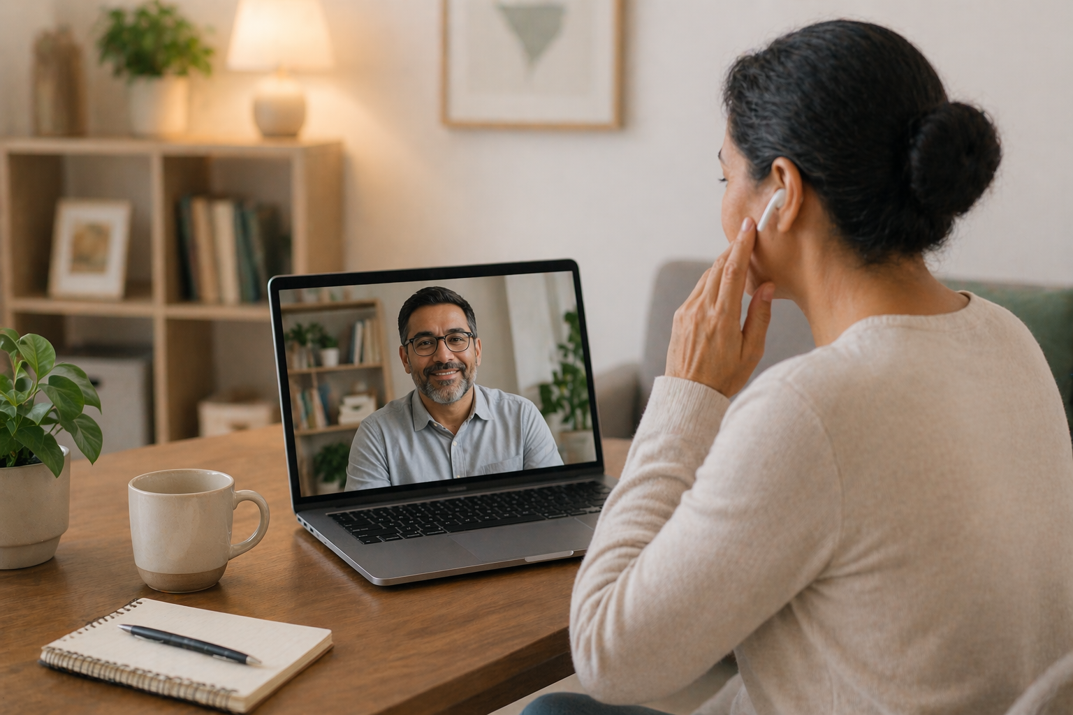 Woman videocalling a man on a laptop in a cozy living room setting.