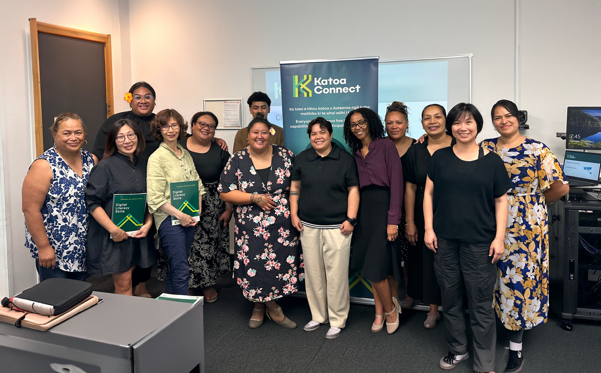 Katoa Connect Trust staff and community members celebrating digital literacy learning and digital inclusion programmes in Aotearoa New Zealand.