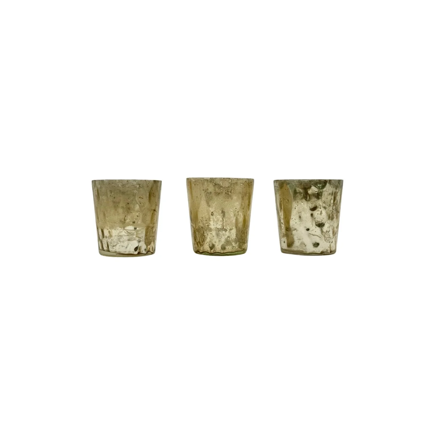 Three small, empty, gold-colored glass cups with a marbled texture, placed on a white background.
