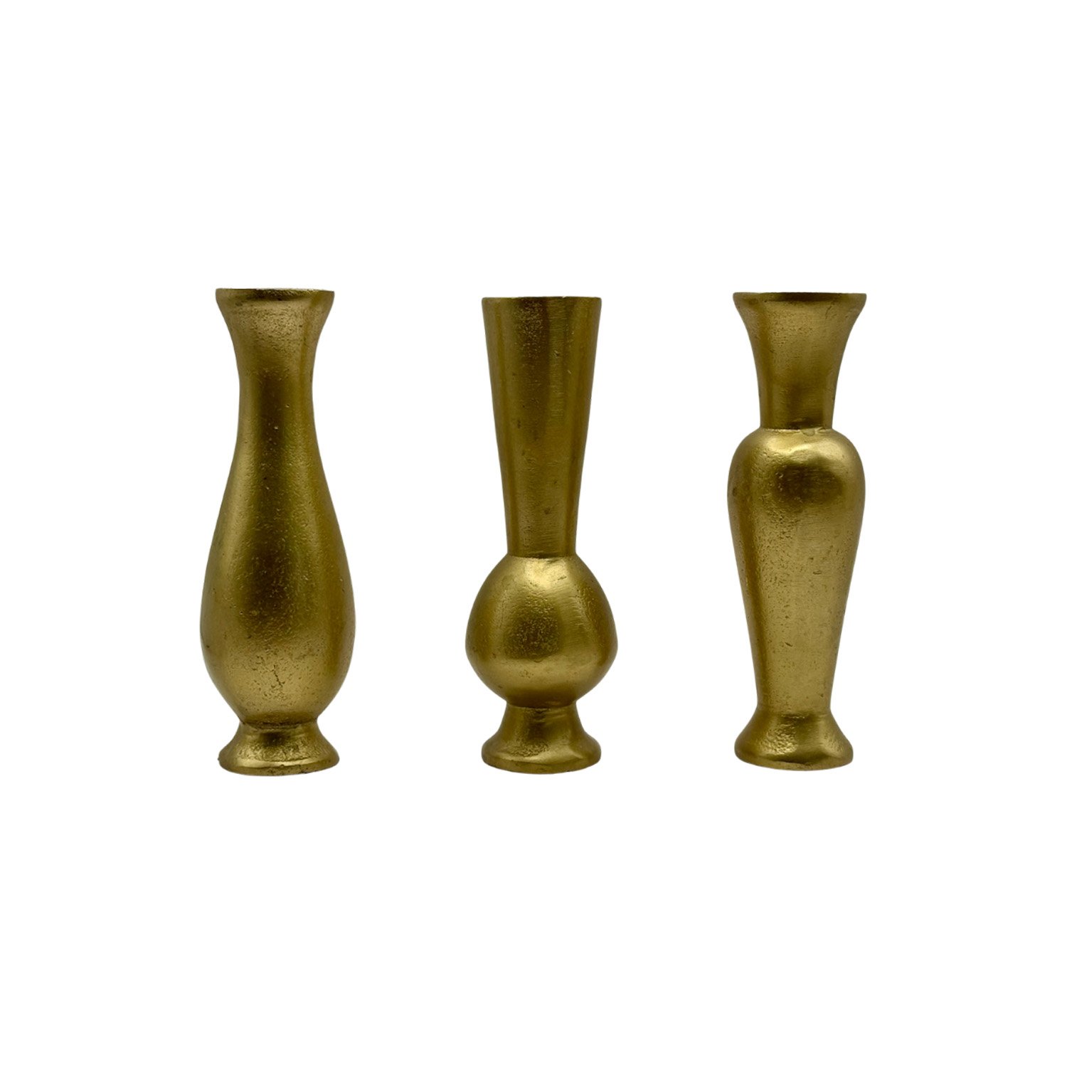 Three gold-colored vases with different shapes, positioned in a row against a white background.