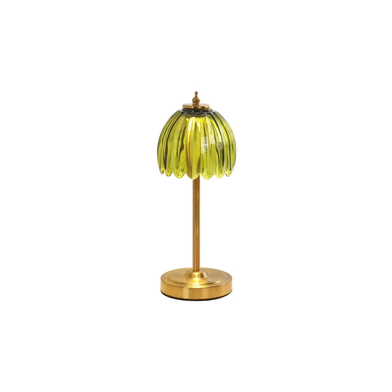 A vintage-style table lamp with a yellow glass shade and gold base and stem.