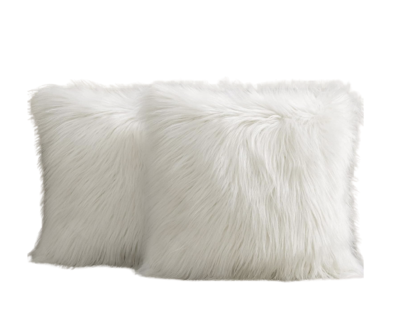 Two white faux fur pillows on a plain background.