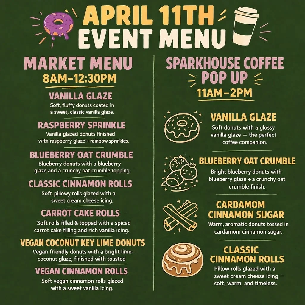 Spring feels like a reset
and the donuts understood the assignment

Lighter. brighter. a little more playful
with flavors that feel like sunshine and slow mornings

Saturday we are outside
@uptownfarmersmarket 8am to 12:30pm
@sparkhouseclt pop up 11a