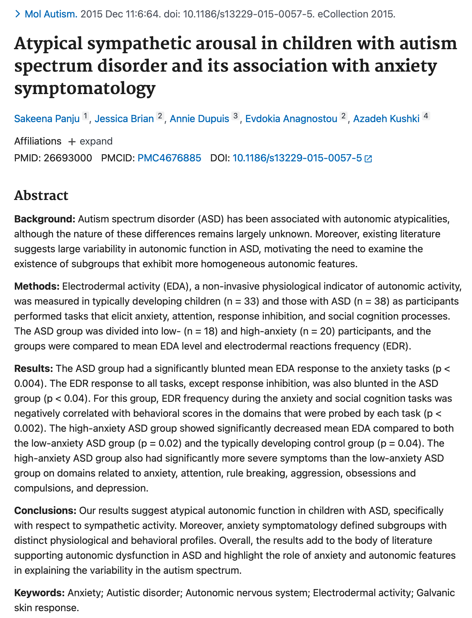 Atypical sympathetic arousal in children with ASD and its association with anxiety  Molecular Autism