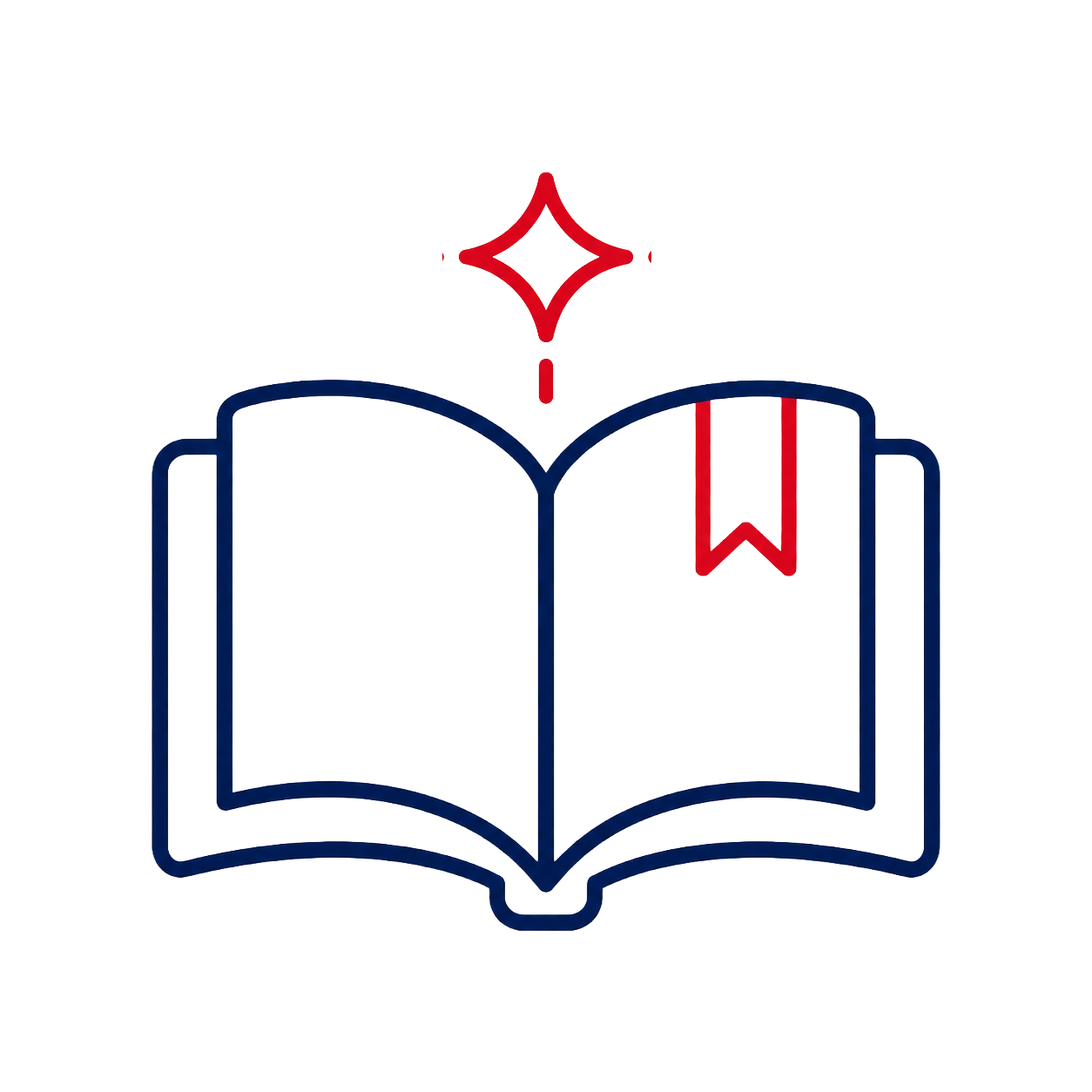 Open book with a red bookmark and red decorative elements, set against a black background.
