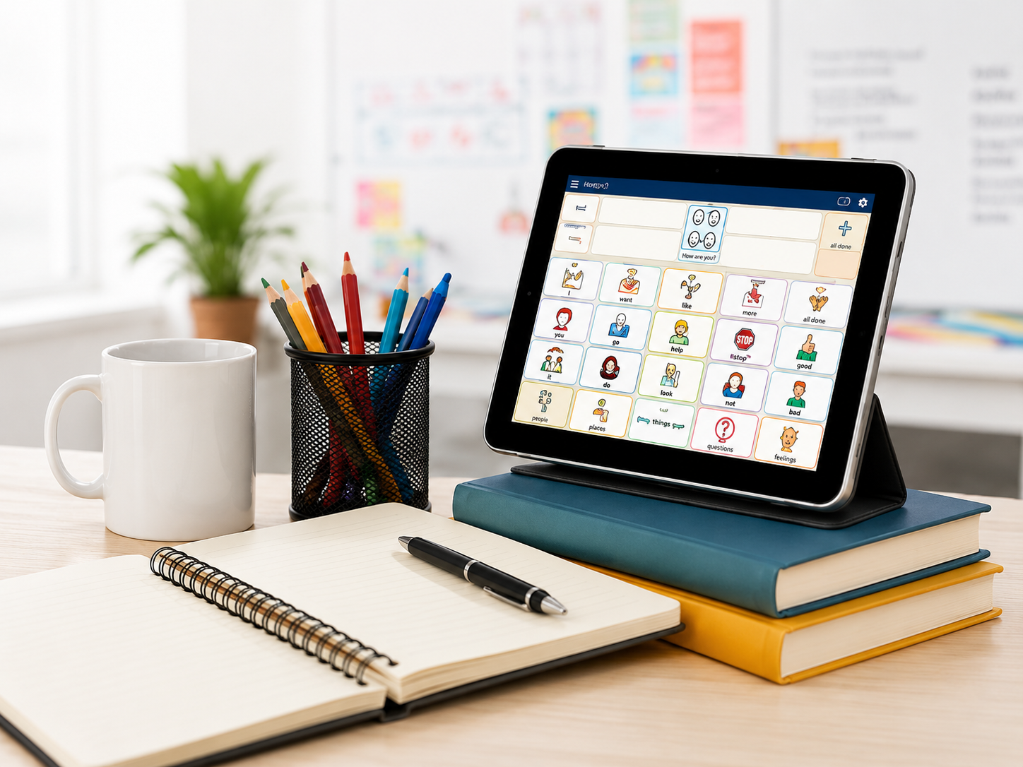 Table with a white mug, a black pen, a notebook, a stack of three books, a tablet displaying a communication app, a container of colored pencils, and a blurred classroom or office background with a plant and charts on the wall.