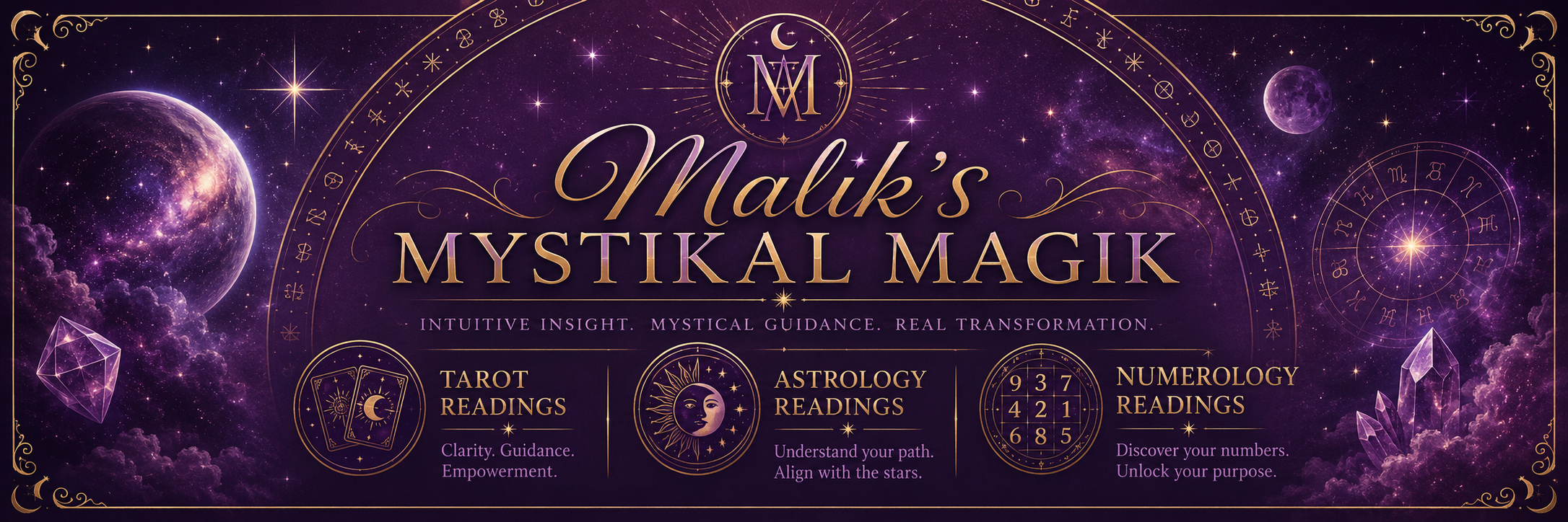 A cosmic-themed promotional graphic for Malk's Mystical Magik, featuring a purple starry background with planets and astrological symbols. It highlights services like tarot, astrology, and numerology readings with icons and descriptions.