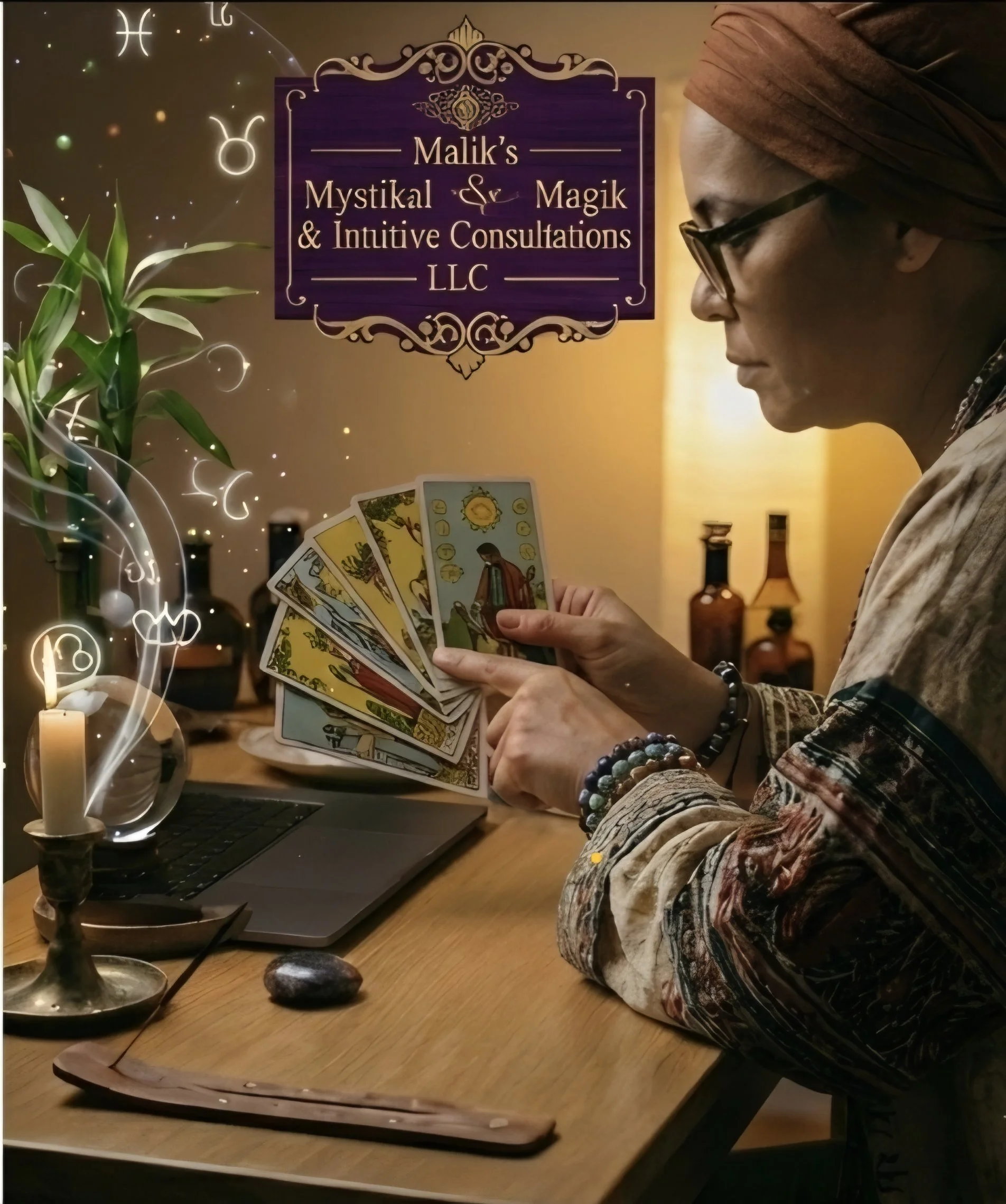 A woman with a headwrap and glasses holds tarot cards at a wooden table, with a lit candle, a plant, and bottles in the background. The setting suggests a mystical or tarot reading environment.