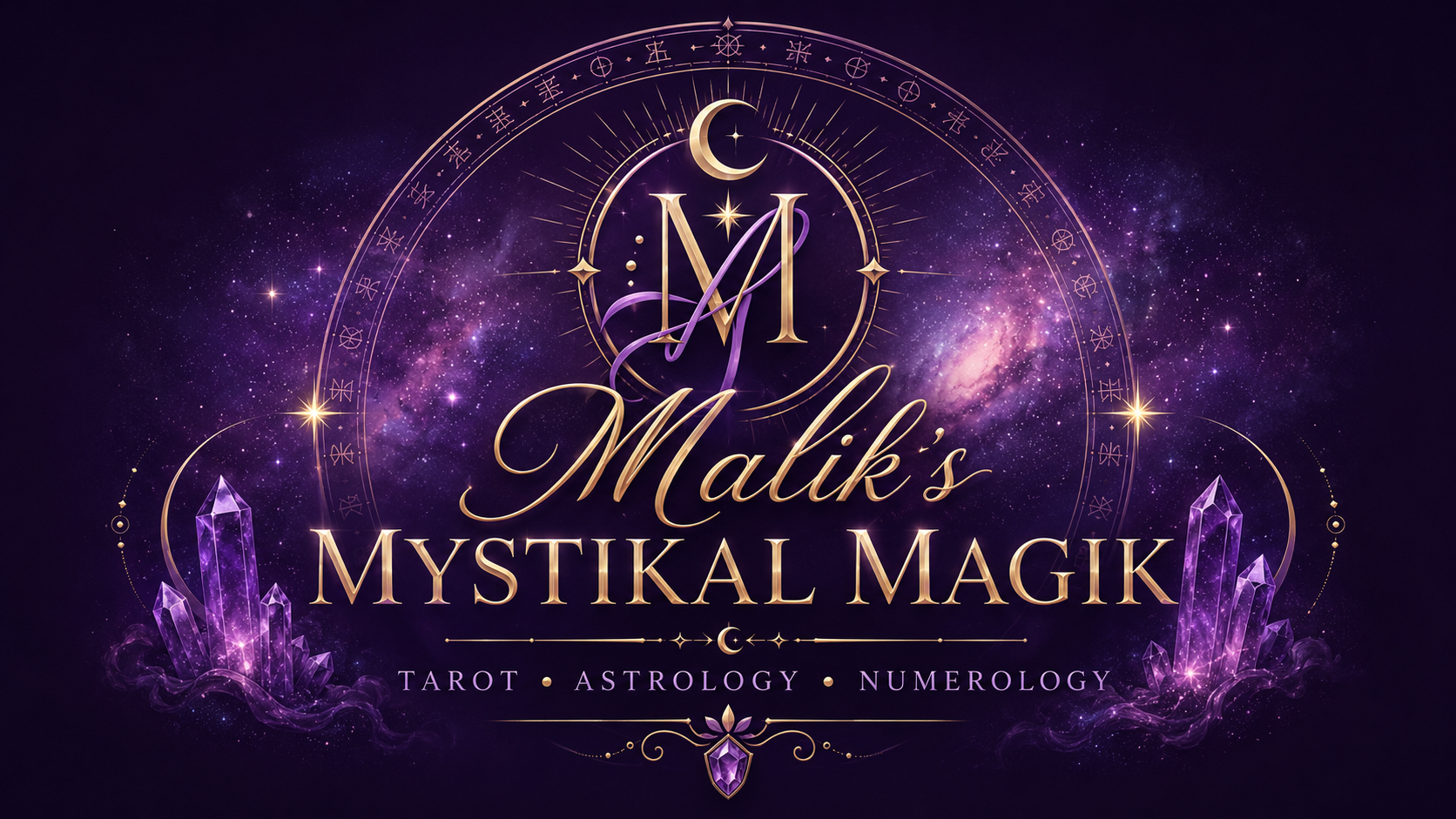 A mystical, celestial-themed graphic with purple and gold accents, featuring crystals and zodiac symbols, promoting Maliki's mystical magic, tarot, astrology, and numerology services.