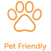 Orange pet paw print with the text 'Pet Friendly' below it