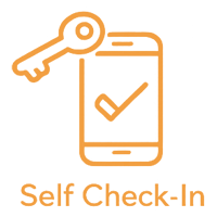 Icon of a smartphone with a checkmark on the screen and a key above, with the text 'Self Check-In' below