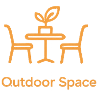Logo of Outdoor Space with a table, two chairs, and a plant in the center