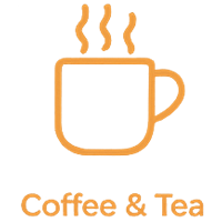 Orange coffee mug with steam rising from it and the words 'Coffee & Tea' underneath.