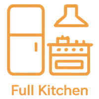 Outline of kitchen appliances including a refrigerator, stove with oven, and range hood, with the text 'Full Kitchen' below.