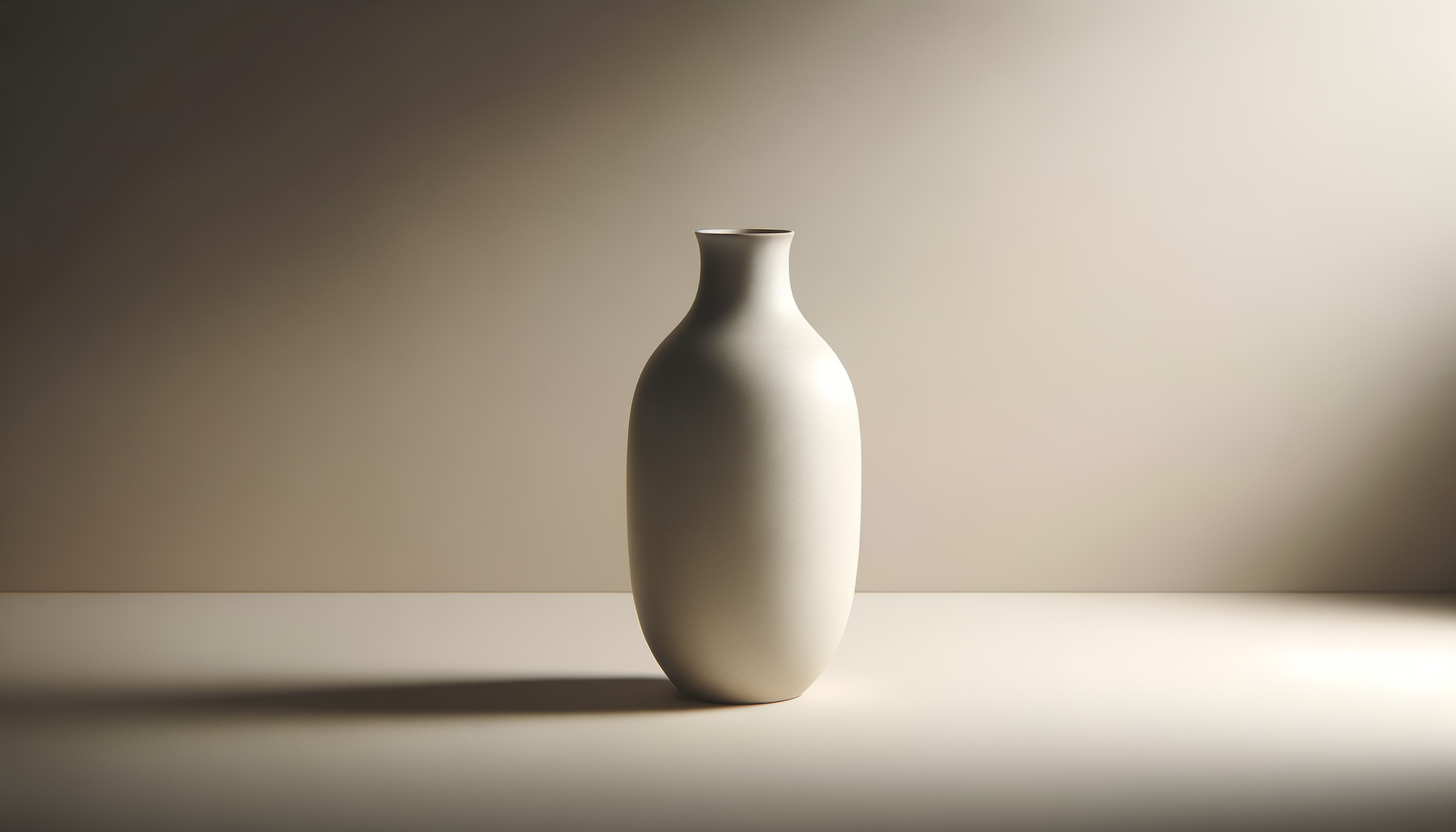 A minimalist white ceramic vase with a narrow opening, standing alone on the surface, with soft, diffused lighting creating subtle shadows.