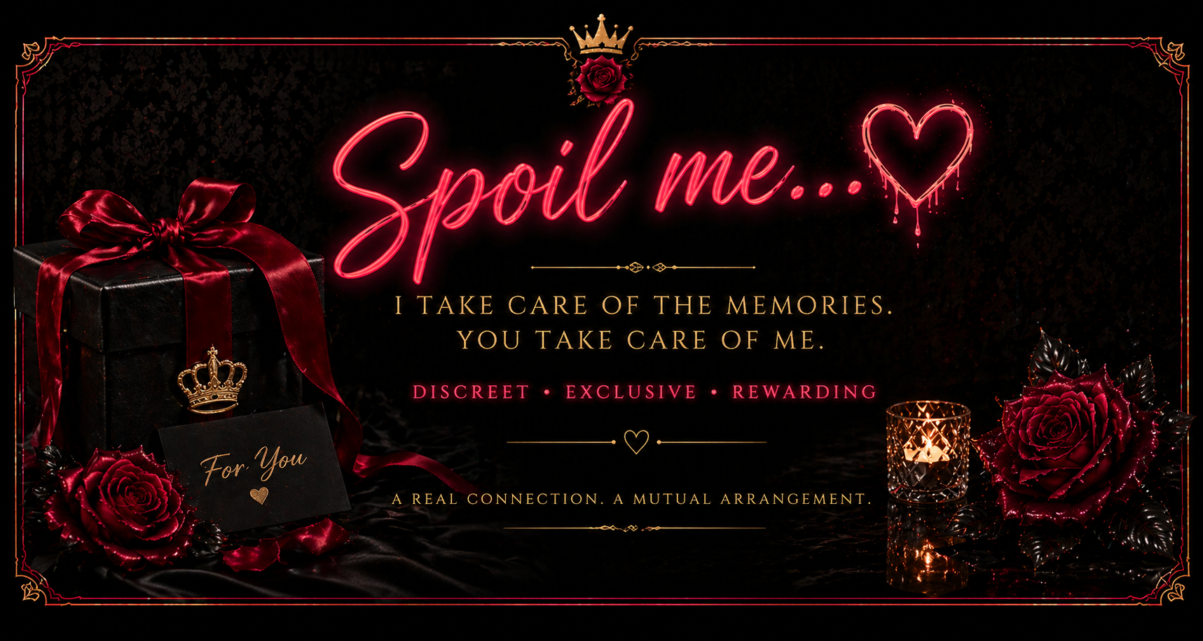 Neon sign reading 'Spoil me...' with a heart, surrounded by roses, a black gift box with a red ribbon and a card that says 'For You,' a gold candle holder, and romantic decorative elements.