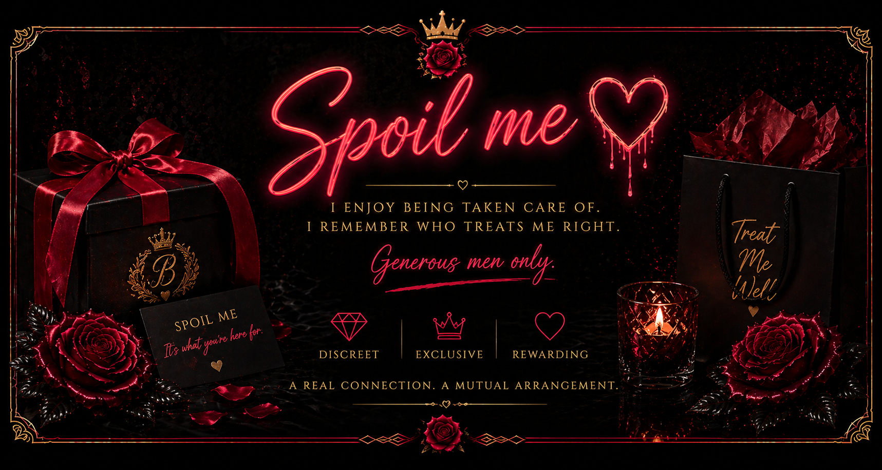 A romantic and seductive promotional image with black and red color themes, featuring a gift box with a red ribbon, a black shopping bag with gold lettering that says 'Treat Me Well,' red roses, a small candle, and neon-style text that reads 'Spoil me.' The image promotes discreet, exclusive, and rewarding mutual arrangements for men seeking romantic connections.