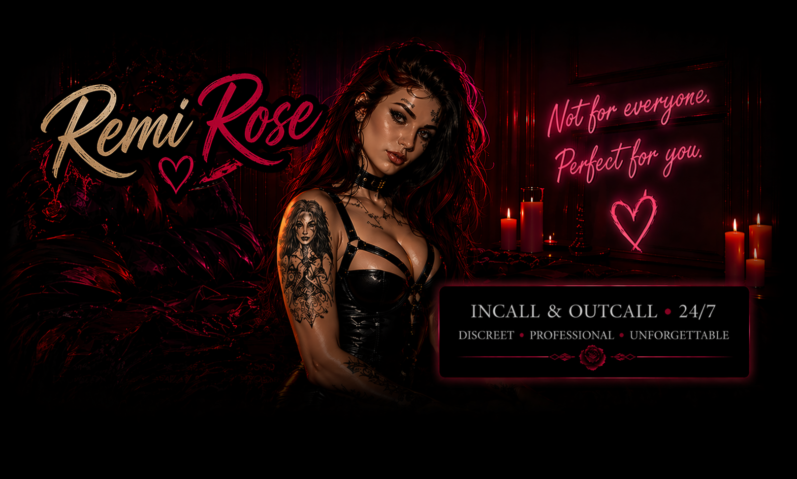 Dark bedroom scene featuring a tattooed woman with dark wavy hair wearing a black leather outfit, candles, and neon signs. One sign reads 'Remi Rose' with a heart, another says 'Not for everyone. Perfect for you.' A black rectangle indicates 'Incalls & Outcalls 24/7, discreet, professional, unforgettable.'