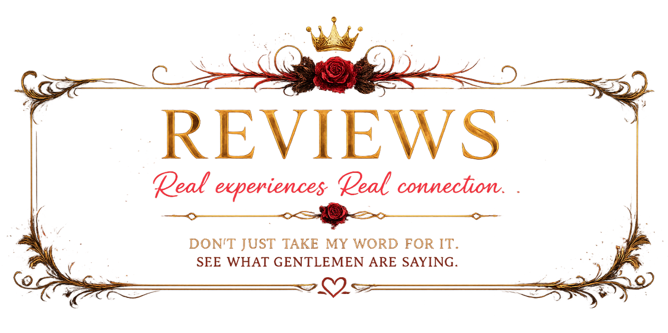Decorative logo with ornate gold border, crown, roses, and stars, displaying the word 'REVIEWS' in large gold letters, with the phrases 'Real experiences, Real connection,' and 'DON'T JUST TAKE MY WORD FOR IT' in smaller text.