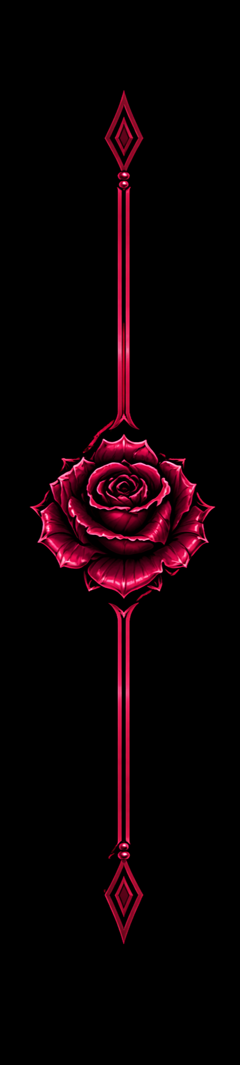 A vertical design featuring a red rose at the center with two matching geometric shapes above and below, connected by a thin red line, set against a black background.