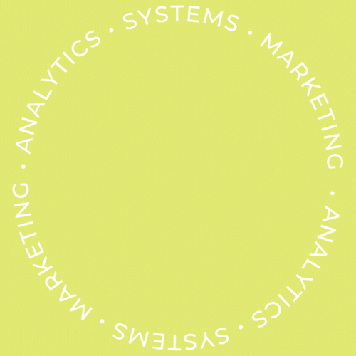 Light green background with white text in a circular pattern reading 'Marketing, Analytics, Systems'.